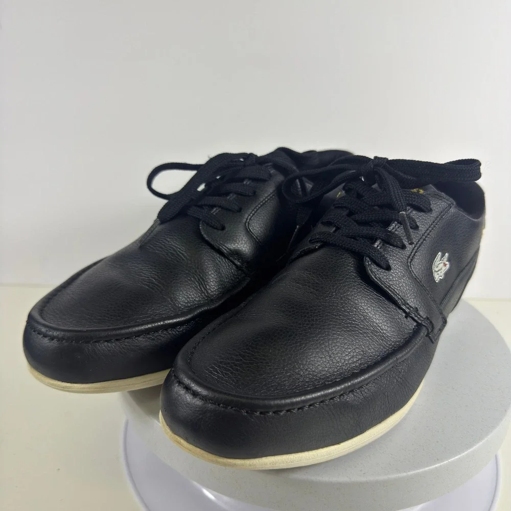 Lacoste Mens Black Leather Boat Shoes Low Top Sneakers‎ Gold Logo Moc Toe 10